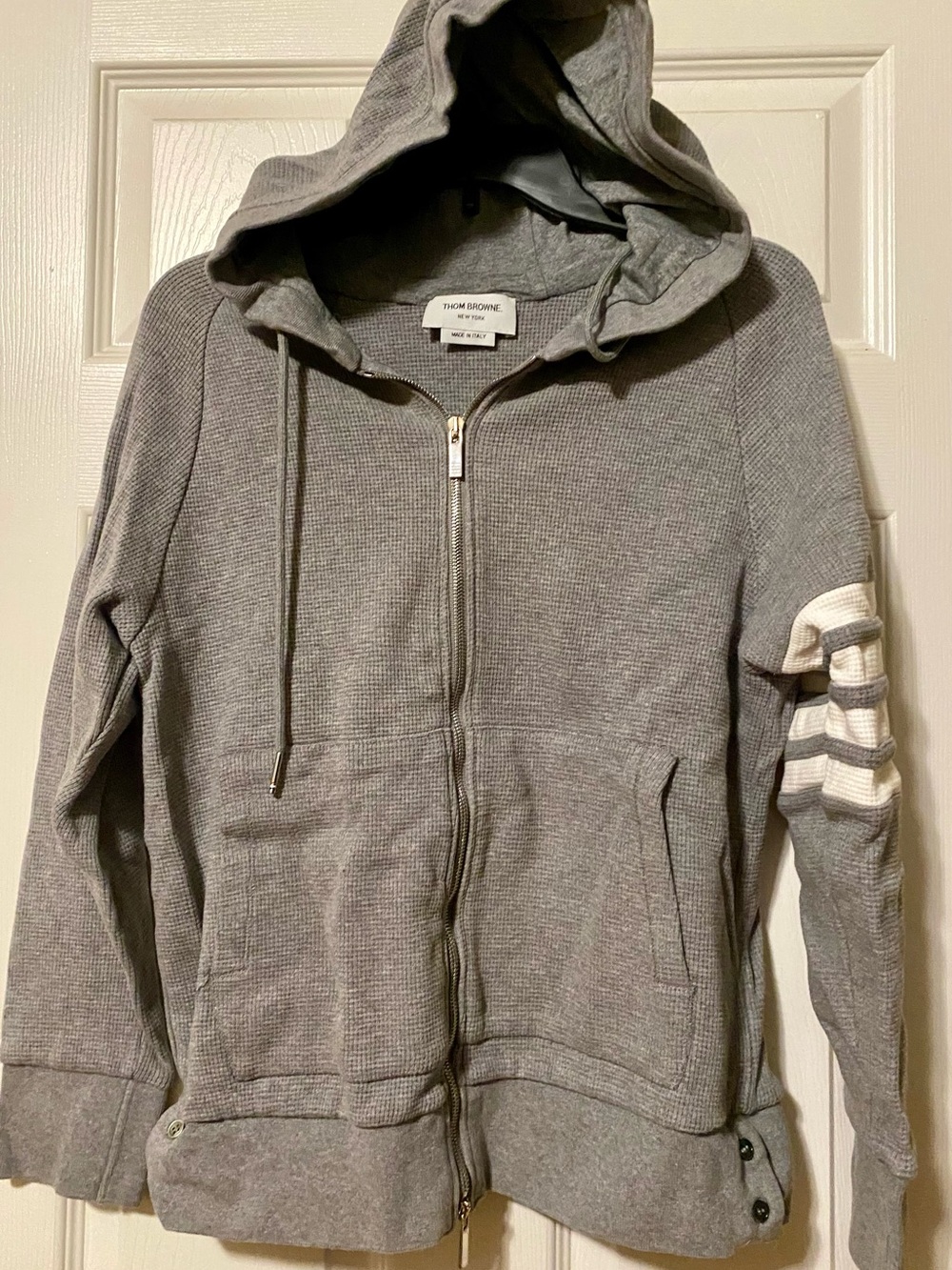 Thom Browne Grey Hooded Zip-Up Jacket with White Sleeve Bands